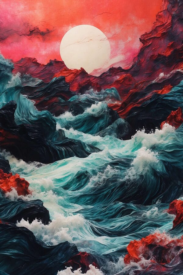 Schilderij van golven en bergen Schilderij van golven en bergen