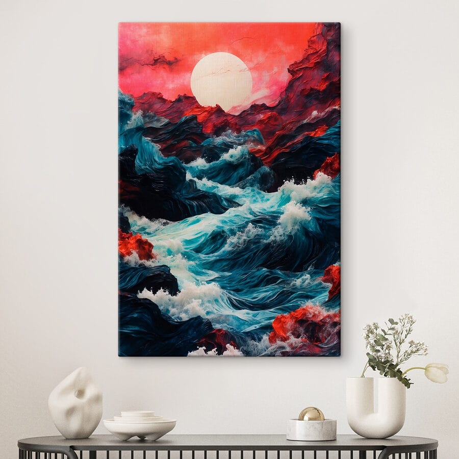 Schilderij van golven en bergen
