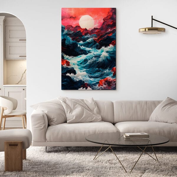 Schilderij van golven en bergen Schilderij van golven en bergen