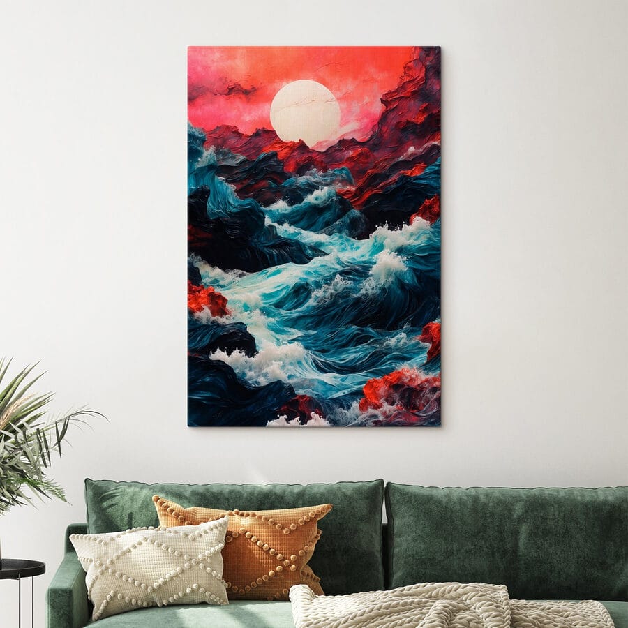 Schilderij van golven en bergen