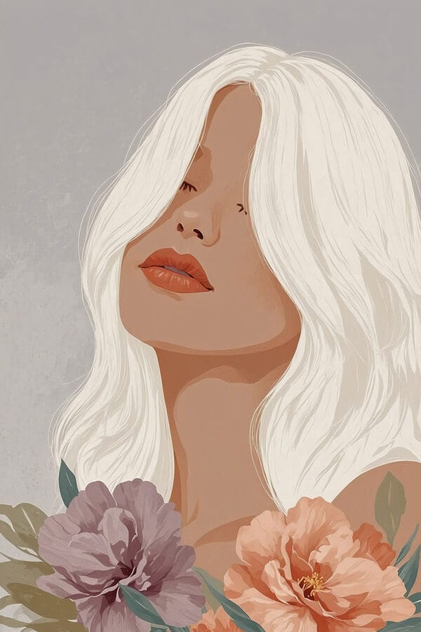 Vrouw met lang wit haar en bloemen Vrouw met lang wit haar en bloemen