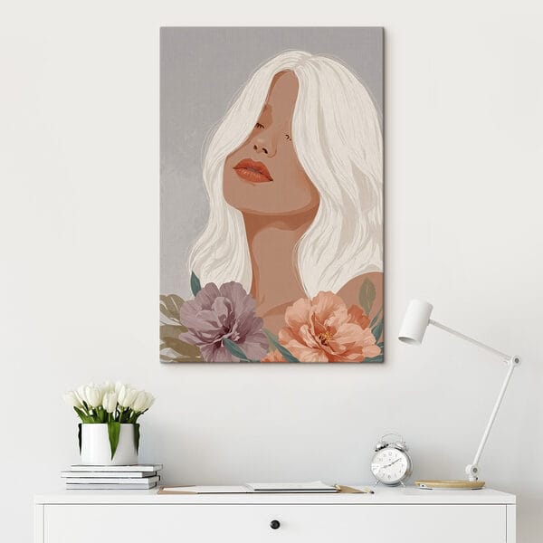 Vrouw met lang wit haar en bloemen Vrouw met lang wit haar en bloemen