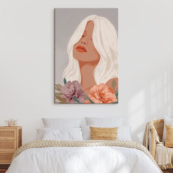 Vrouw met lang wit haar en bloemen Vrouw met lang wit haar en bloemen