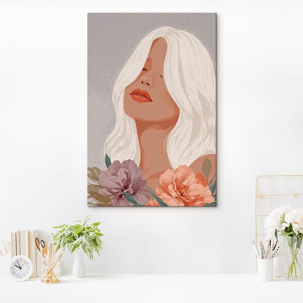 Vrouw met lang wit haar en bloemen Vrouw met lang wit haar en bloemen