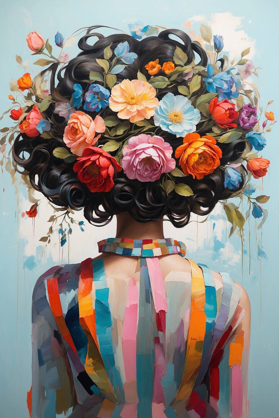 Schilderij van een vrouw met bloemen op haar hoofd Schilderij van een vrouw met bloemen op haar hoofd