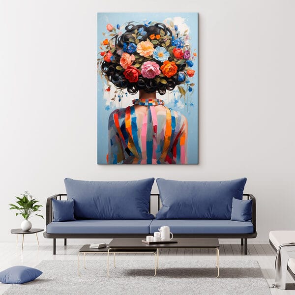 Schilderij van een vrouw met bloemen op haar hoofd Schilderij van een vrouw met bloemen op haar hoofd