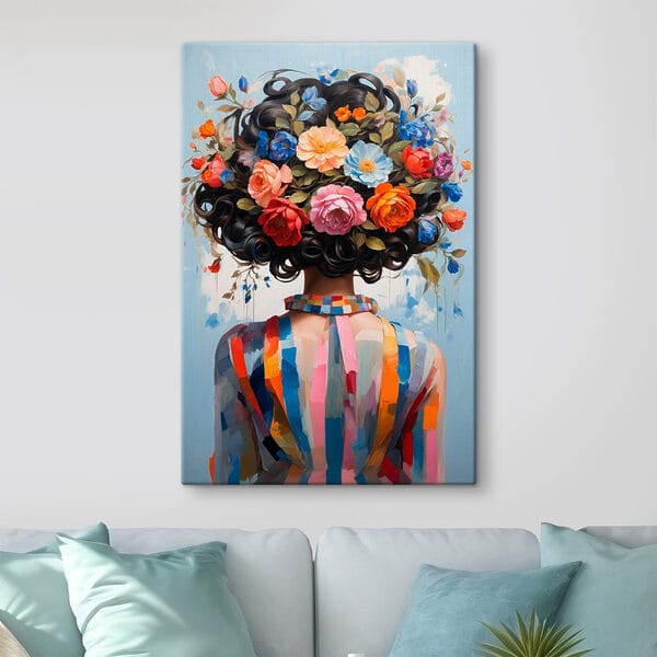Schilderij van een vrouw met bloemen op haar hoofd Schilderij van een vrouw met bloemen op haar hoofd
