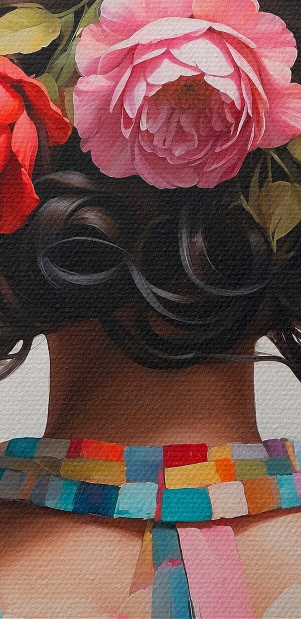 Schilderij van een vrouw met bloemen op haar hoofd Schilderij van een vrouw met bloemen op haar hoofd