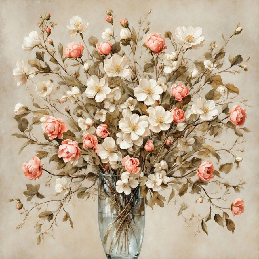 Schilderij van bloemen in een vaas