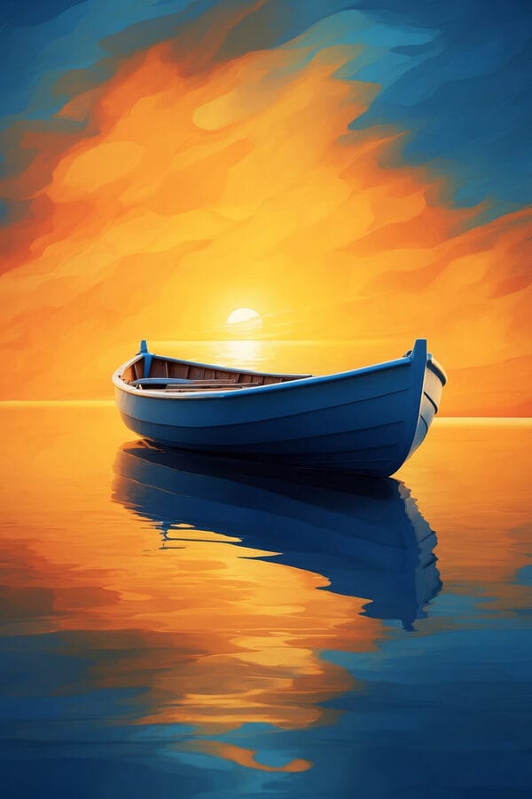 Boot op water met zonsondergang op de achtergrond Boot op water met zonsondergang op de achtergrond