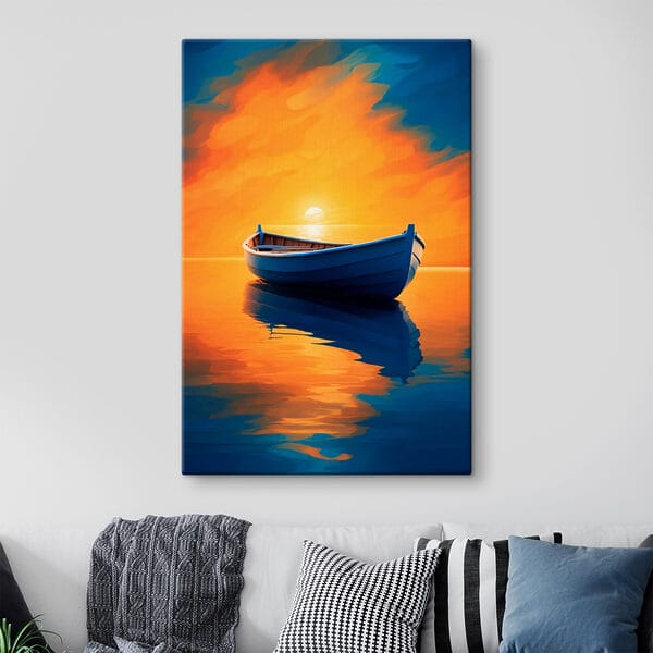 Boot op water met zonsondergang op de achtergrond Boot op water met zonsondergang op de achtergrond