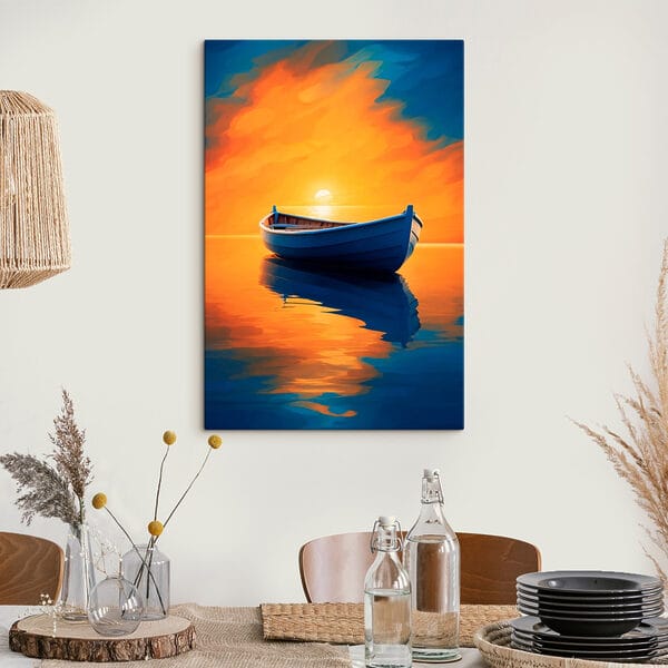 Boot op water met zonsondergang op de achtergrond Boot op water met zonsondergang op de achtergrond