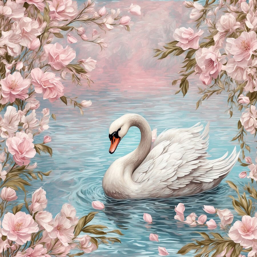 Zwaan zwemmend in water met roze bloemen