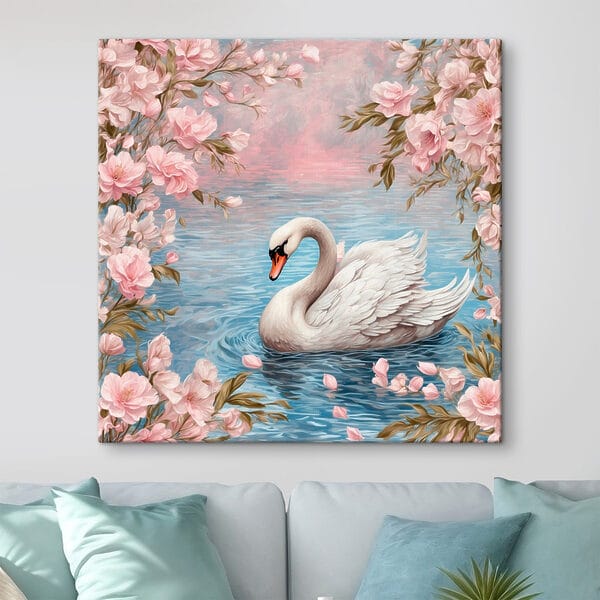 Zwaan zwemmend in water met roze bloemen Zwaan zwemmend in water met roze bloemen