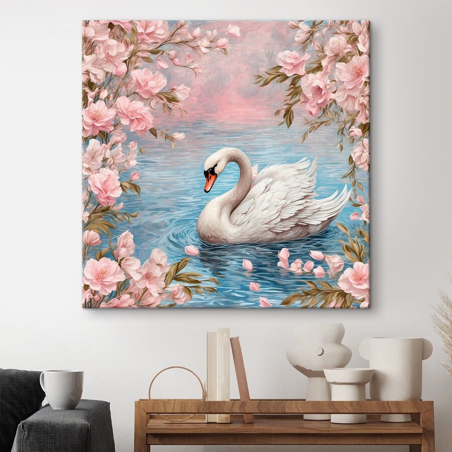 Zwaan zwemmend in water met roze bloemen