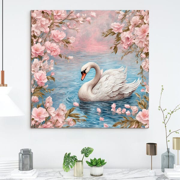 Zwaan zwemmend in water met roze bloemen Zwaan zwemmend in water met roze bloemen