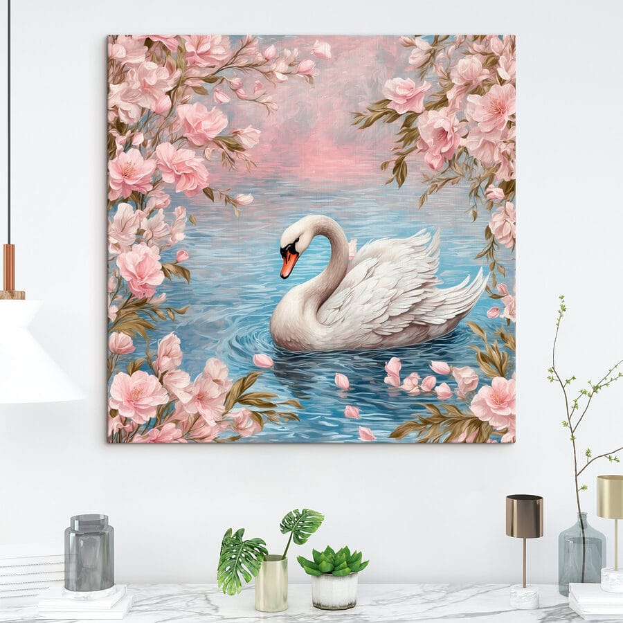 Zwaan zwemmend in water met roze bloemen