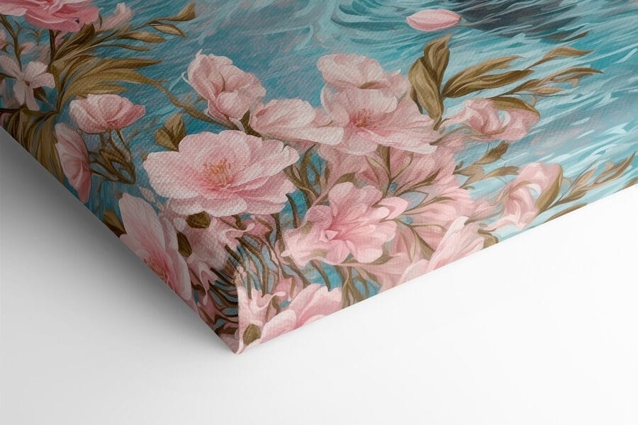 Zwaan zwemmend in water met roze bloemen