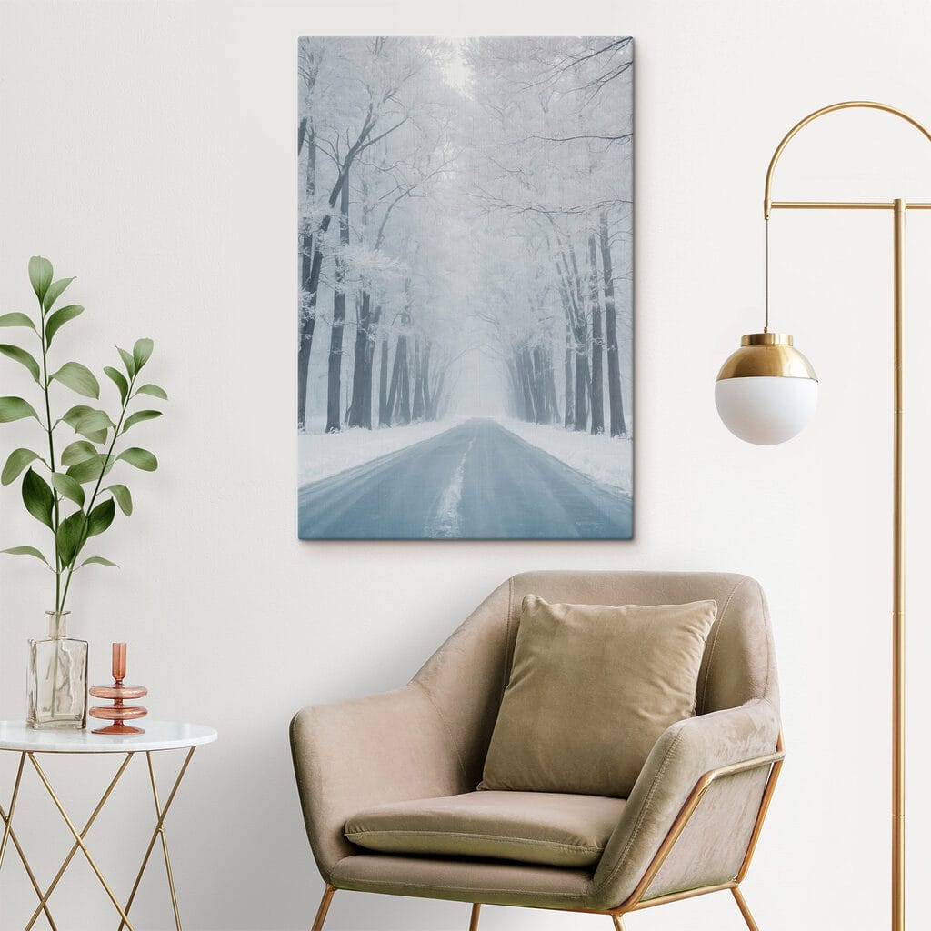 Road with snow covered trees