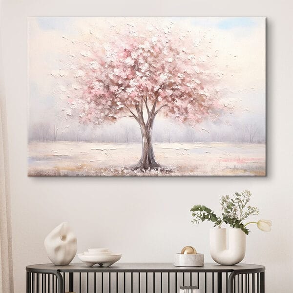 Schilderij van een boom met roze bloemen Schilderij van een boom met roze bloemen