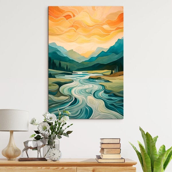 Schilderij van een rivier die door een vallei stroomt Schilderij van een rivier die door een vallei stroomt