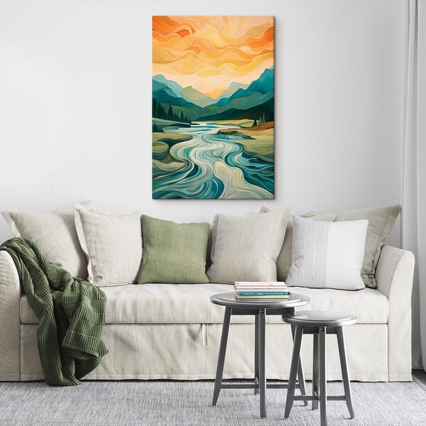 Schilderij van een rivier die door een vallei stroomt Schilderij van een rivier die door een vallei stroomt
