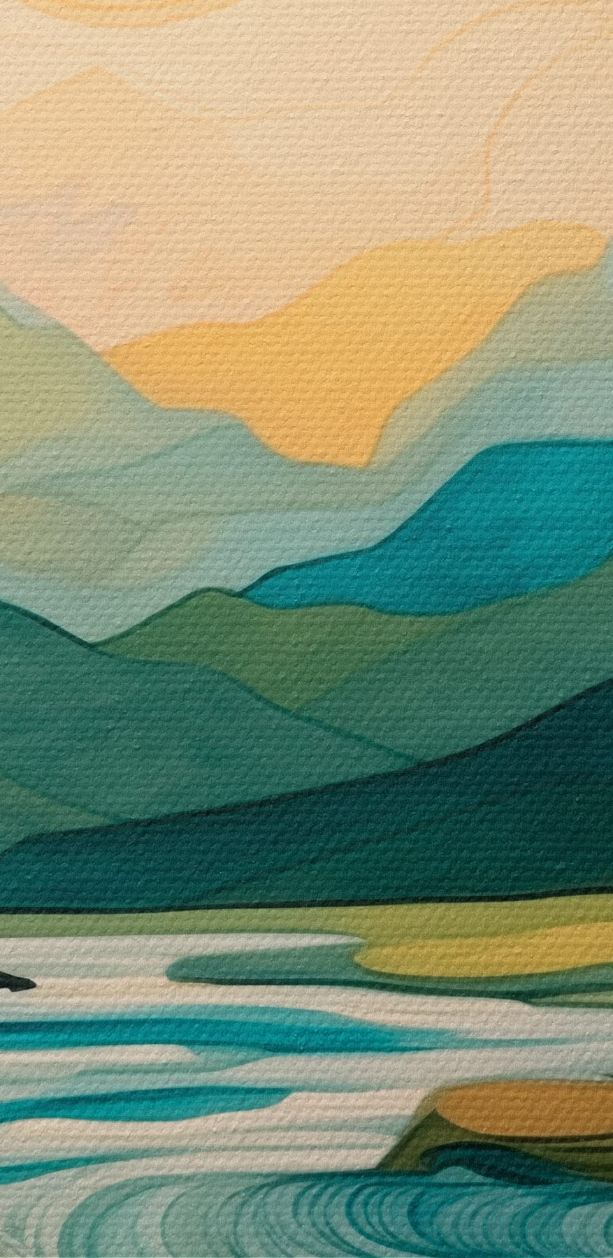 Schilderij van een rivier die door een vallei stroomt