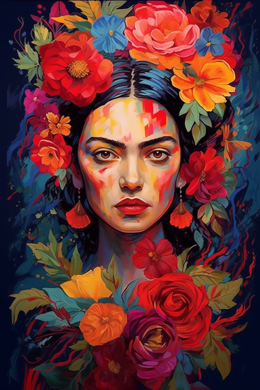 Schilderij van een vrouw met bloemen in haar haar