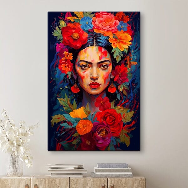 Schilderij van een vrouw met bloemen in haar haar Schilderij van een vrouw met bloemen in haar haar