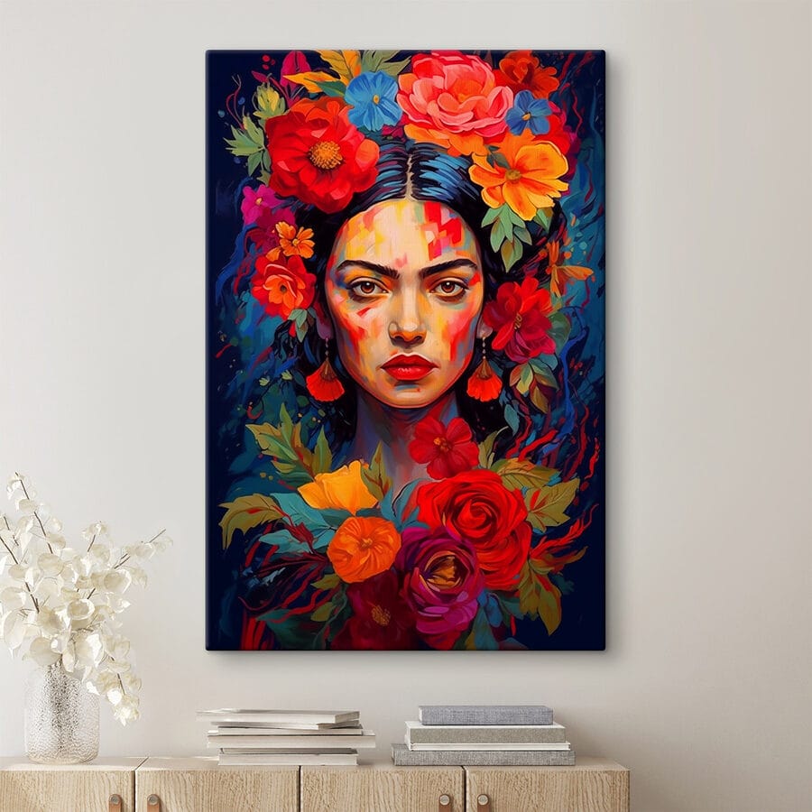 Schilderij van een vrouw met bloemen in haar haar