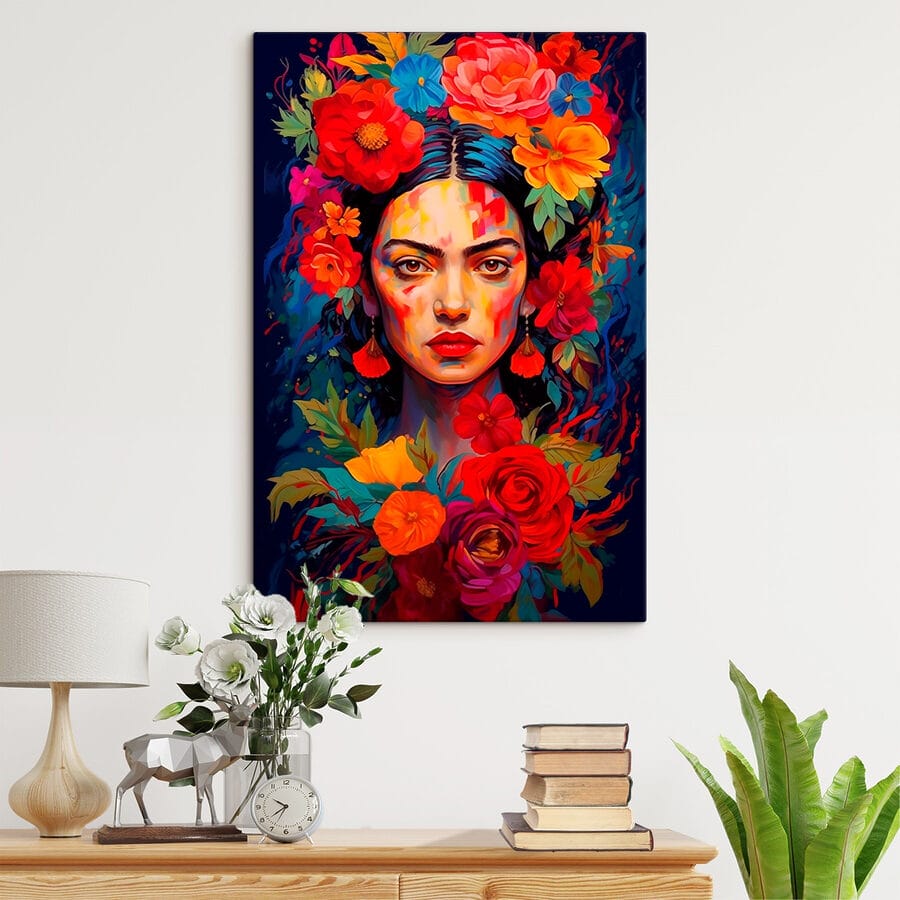 Schilderij van een vrouw met bloemen in haar haar