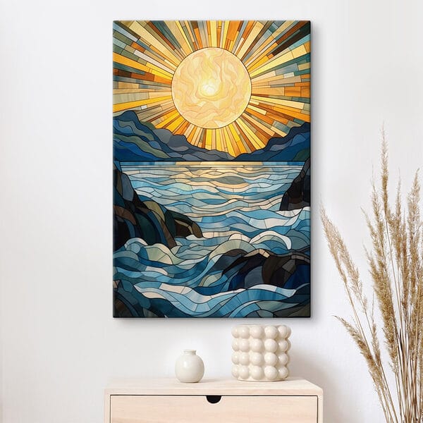 Glas-in-loodraam met een zon boven een rivier Canvas Schilderijen Glas-in-loodraam met een zon boven een rivier