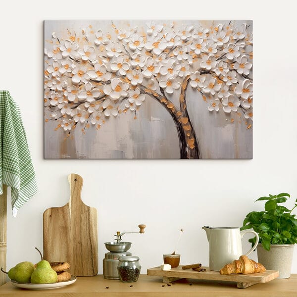 Schilderij van een boom met witte bloemen Schilderij van een boom met witte bloemen