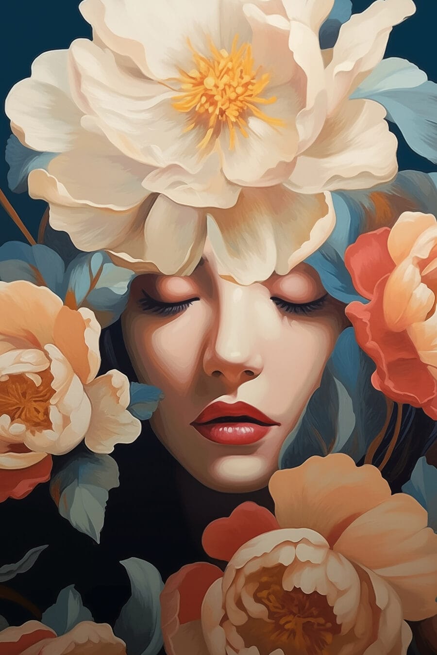 Vrouw met bloemen rond haar hoofd