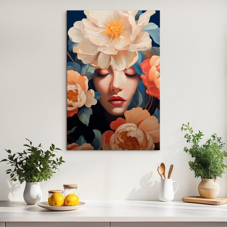 Vrouw met bloemen rond haar hoofd
