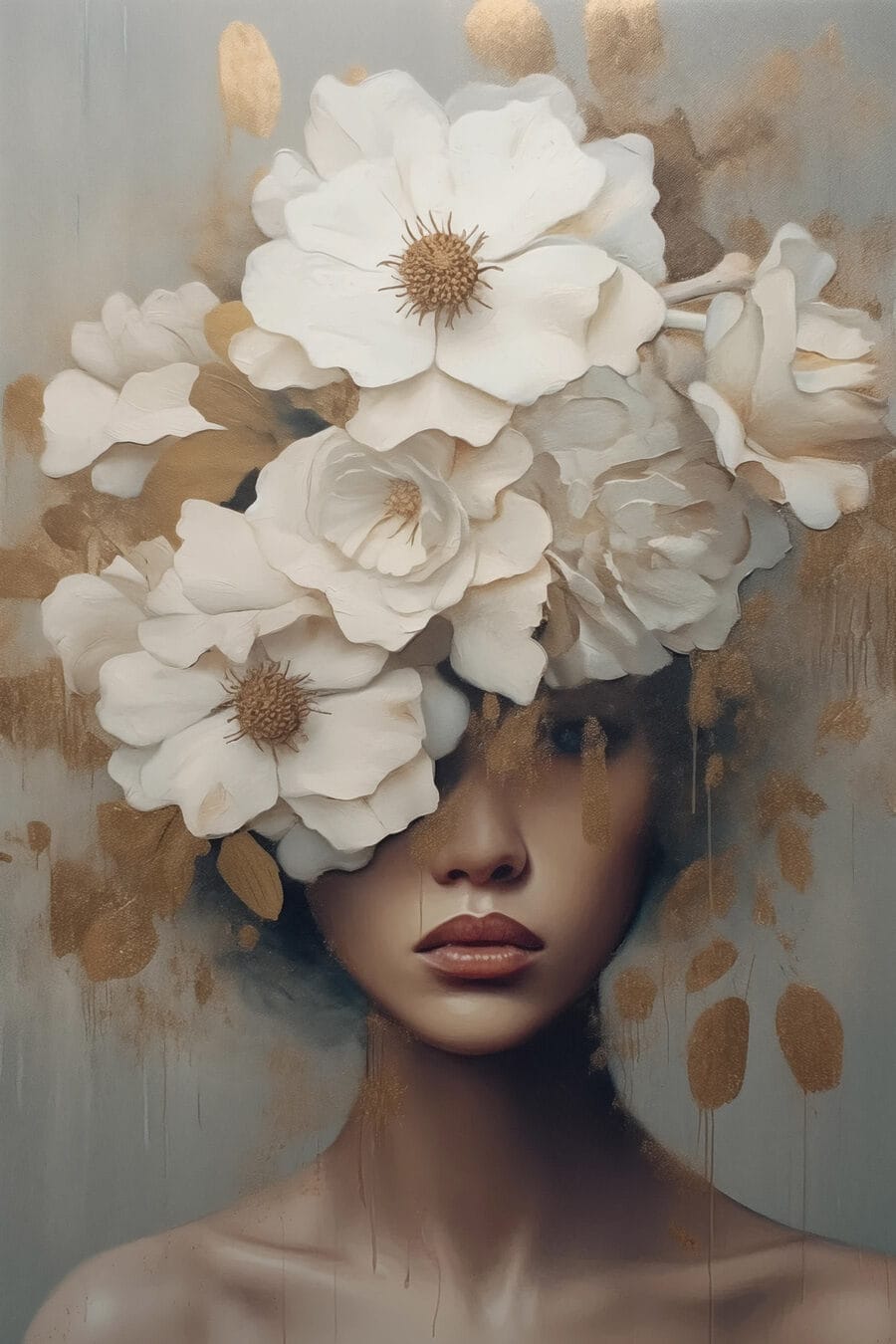Schilderij van een vrouw met bloemen op haar hoofd