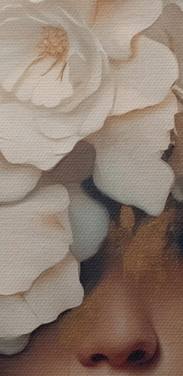 Schilderij van een vrouw met bloemen op haar hoofd Schilderij van een vrouw met bloemen op haar hoofd