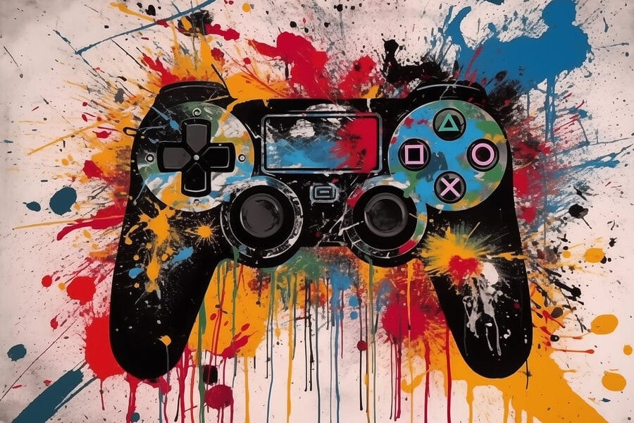 Videogamecontroller met verfspetters