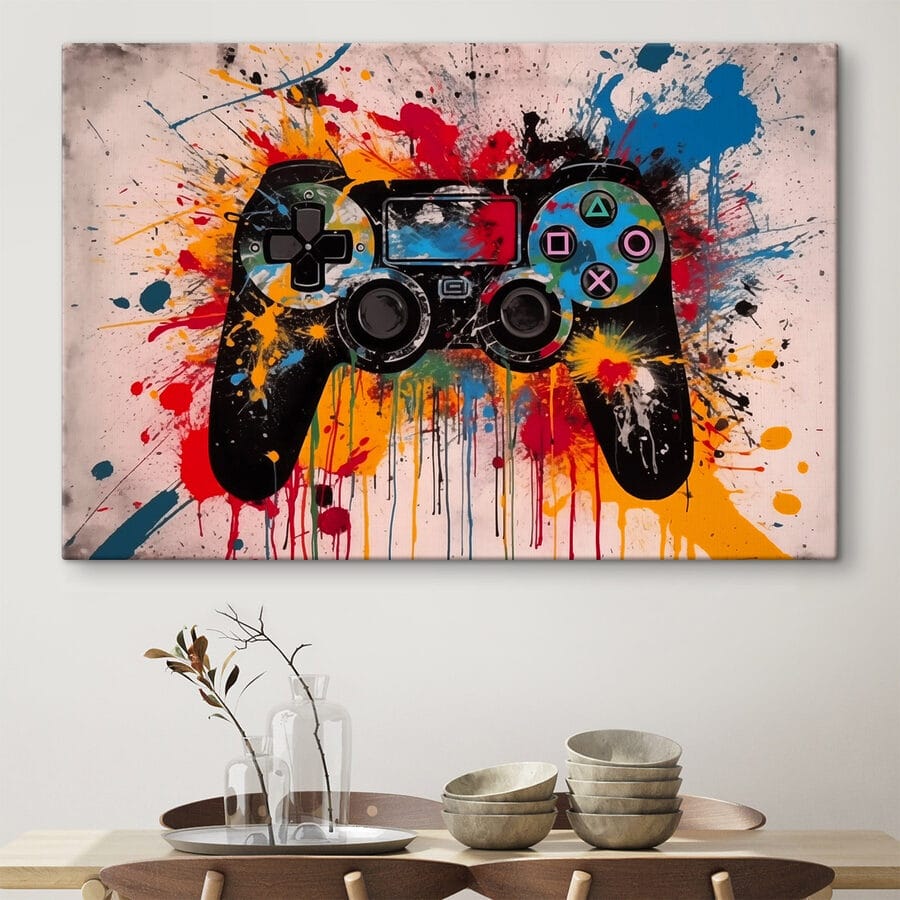 Videogamecontroller met verfspetters