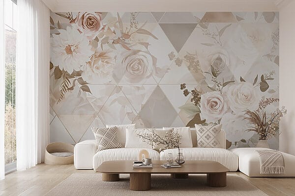 Behang met bloemen en driehoeken Behang met bloemen en driehoeken