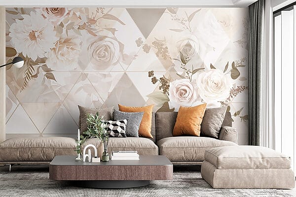Behang met bloemen en driehoeken Behang met bloemen en driehoeken