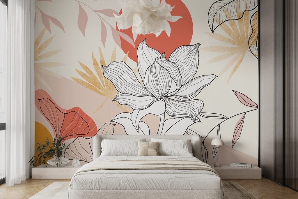 Flower and leaves with red sun Flower and leaves with red sun