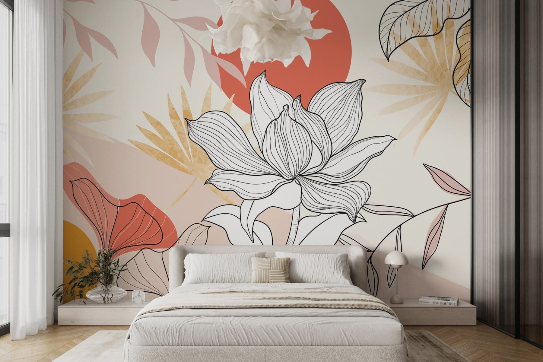 Flower and leaves with red sun Flower and leaves with red sun