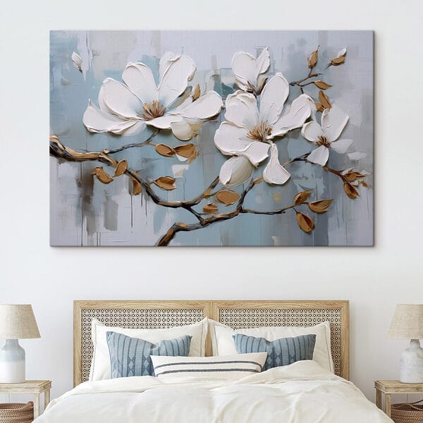 Schilderij van witte bloemen op een tak Schilderij van witte bloemen op een tak
