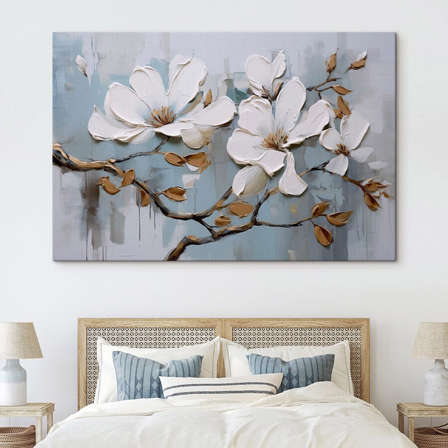 Schilderij van witte bloemen op een tak