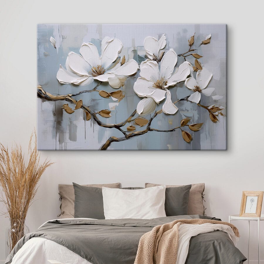 Schilderij van witte bloemen op een tak