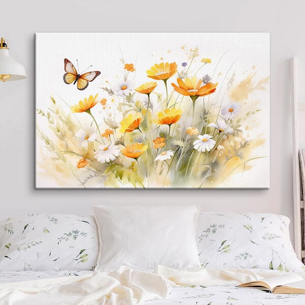 Vlinder vliegend over gele en witte bloemen Canvas Schilderijen Vlinder vliegend over gele en witte bloemen