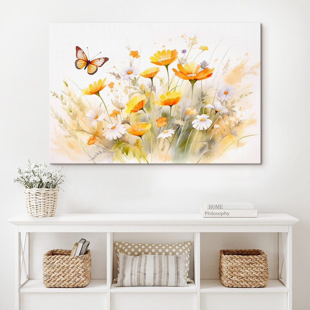 Butterfly flying over a yellow and white flowers Butterfly flying over a yellow and white flowers