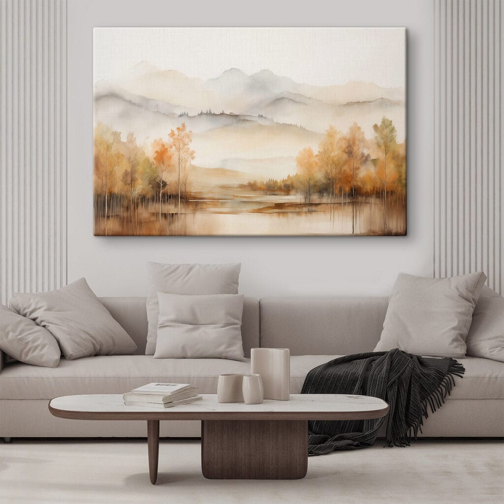 Watercolor painting of trees and mountains