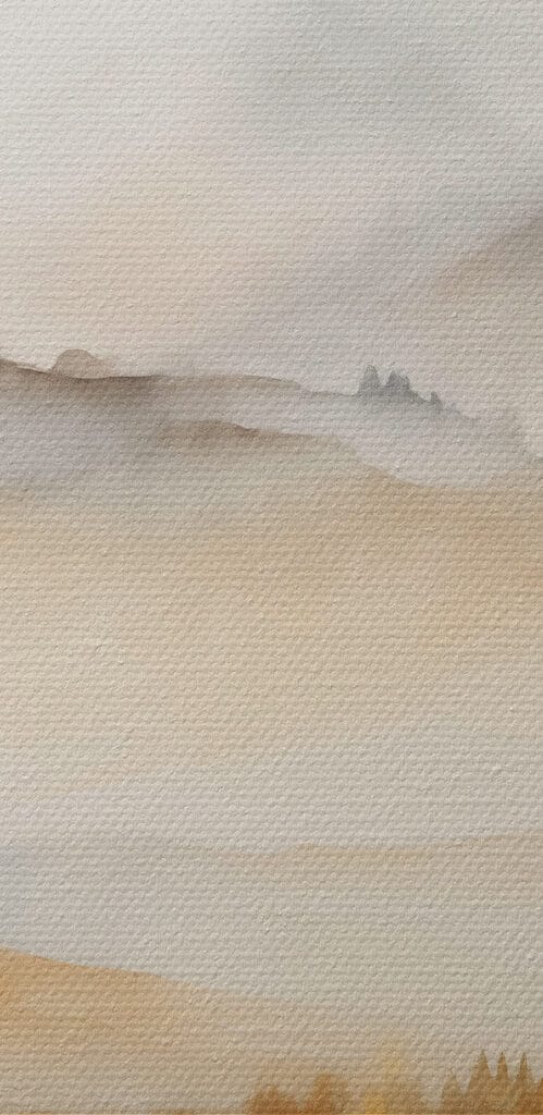 Watercolor painting of trees and mountains